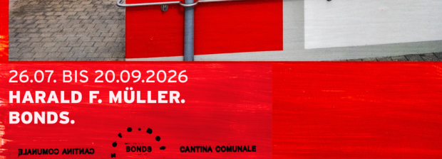 Grafik mit Titel Harald F. Müller Bonds, im Hintergrund rote Farbe mit sichtbarem Pinselstrich