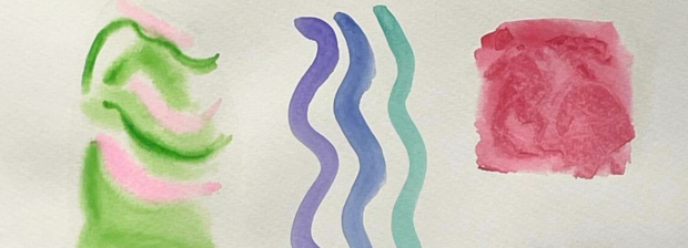 Aquarell mit grünen und rosa Formen, drei blauen Wellenlinien und einem roten Quadrat.