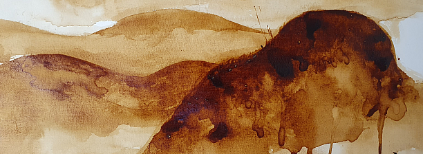 Abstrakte Landschaft in Brauntönen: fließende Hügel, gemalt mit Kaffee