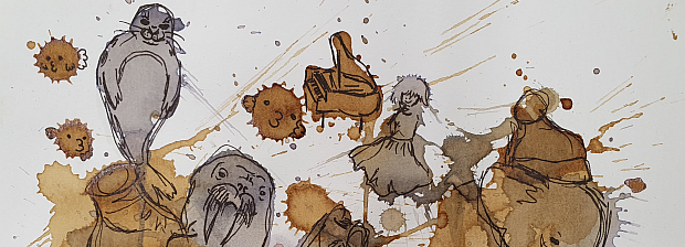 Kaffeespritzer mit gezeichneten Figuren: Seehund, Walross, Kind und Klavier.