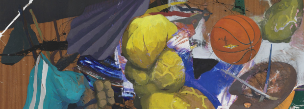 Buntes, dynamisches Stillleben mit gelben Formen, Stofffetzen, Basketball und Früchten.