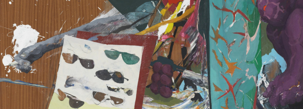 Farbiges Gemälde: Blatt mit Sonnenbrillen vor muskulösem Arm und türkis gemusterter Säule.