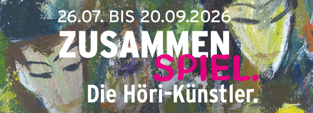 Ausstellungsbanner »Zusammenspiel. Die Höri-Künstler.« vor farbigem Gemäldeausschnitt.