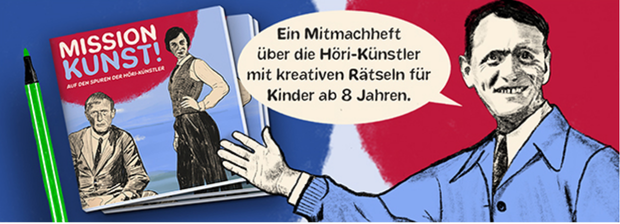 Grafik zum Mitmachheft »Mission Kunst!« mit Buchcover und gezeichneten Figuren. 