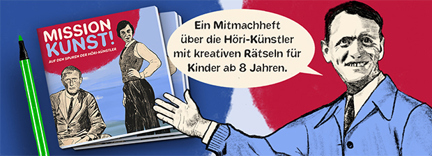 Mitmachheft »Mission Kunst!« mit Illustrationen, Stift und Hinweis auf Rätsel für Kinder.