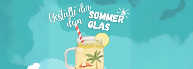 Illustration mit Zitronengetränk im Glas, Sonnensymbol und Text „Gestalte dir dein Sommerglas“.