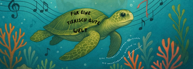 Schildkröte schwimmt durch bunte Unterwasserwelt mit Musiknoten und Schriftzug zum Thema Umwelt.