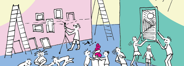 Illustration: Kinder hängen Bilder auf, bauen aus, malen und kuratieren spielerisch ein Museum.