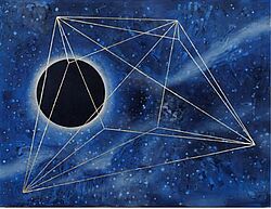 Abstrakte Weltraumszene mit dunklem Kreis und feinen geometrischen Linien