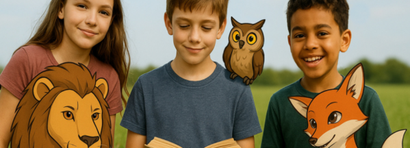 Ferienprojekt »Ich un mein Krafttier« im Kunstmuseum Singen | Do, 30.10.2025  Kinder sitzen mit Buch im Gras, daneben gezeichnete Tiere: Löwe, Eule und Fuchs.