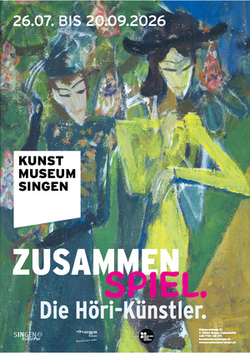 Ausstellungsplakat »Zusammenspiel. Die Höri-Künstler.« mit zwei Figuren vor farbigem Grund.