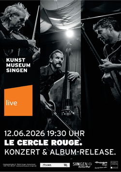 Schwarz-weißes Konzertplakat mit dem Trio Le Cercle Rouge und Konzertdaten im Kunstmuseum Singen.