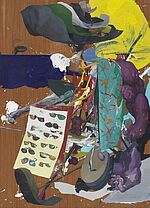 Buntes, abstrakt-figürliches Gemälde mit fragmentierten Körperformen und Sonnenbrillenmotiv.