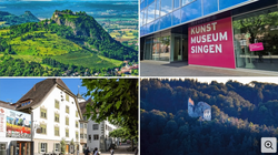 Collage mit Hegau-Landschaft, Kunstmuseum Singen und historischen Gebäuden.