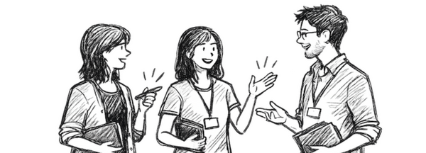 Zeichnung zeicht drei Personen, die sich miteinander unterhalten und jeweils ein Klassenbuch in der Hand halten