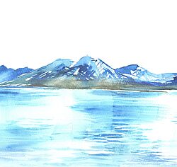 Aquarell in Blau mit Wasser im Vorgerund und Berglandschaft im Hintergrund