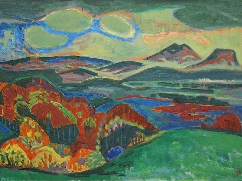 Otto Dix, Grüne Landschaft (Twiel mit Stoffeln im Herbst), 1944, Ölfarben auf Karton, Kunstmuseum Singen, © VG Bild-Kunst, Bonn 2019
