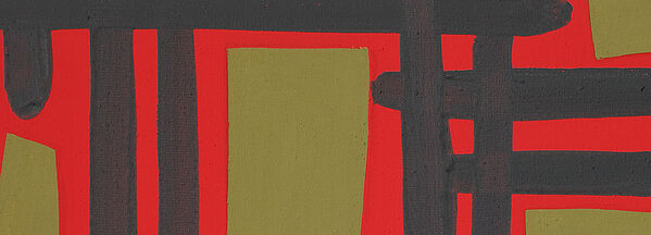 Abstrakte Komposition: rote Balken und Rahmen vor olivgrünen Flächen, schwarzer Streifen.