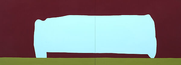 Abstraktes Bild: hellblaue Form auf bordeauxrotem Grund, grüner Streifen unten.