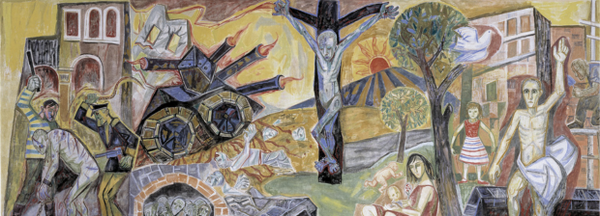 Monumentales Wandbild mit Szenen von Krieg, Kreuzigung, Auferstehung und friedlichem Zusammenleben.