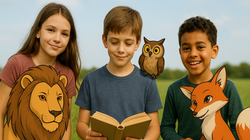 Drei Kinder, der Junge in der Mitte liest; daneben Cartoon-Löwe, Eule und Fuchs.