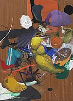 Farbiges, abstrakt-figürliches Gemälde mit fragmentierten Körperteilen und Basketball auf braunem Grund.