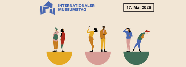 Grafik zum Internationalen Museumstag mit Logo und bunten grafischen Darstellungen von Museumsbesuchern
