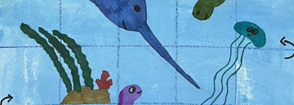 Familienatelier »Kunst im Raster« | So, 16.11.2025  Unterwasser-Spielfeld mit Tieren und Start-Ziel-Markierungen auf kariertem Raster.