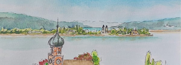 Aquarell-Landschaft am Bodensee mit Himmel, Wasser und Kirche